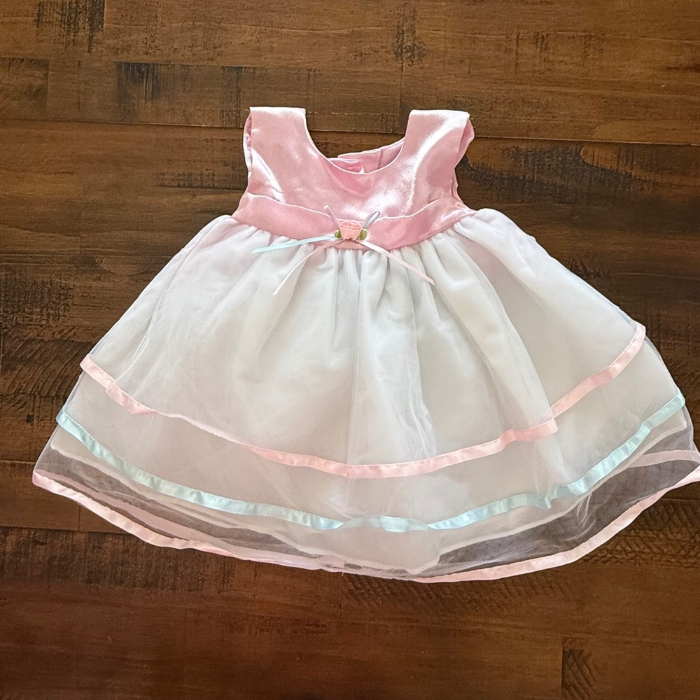 VTG Bryan Baby Girls Pink White Tulle Dress Ribbon Trim Rosebud Accent Sz 6-9 m